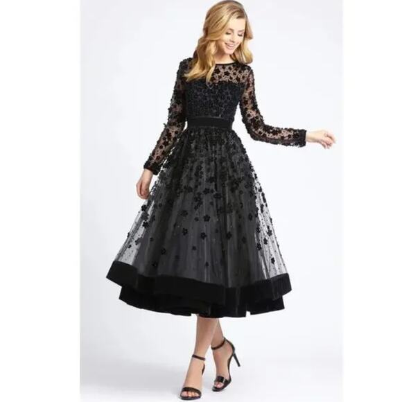Mac Duggal Black Embellished Illusion High Neck Long Sleeve Fit Flare Midi Dress - Picture 5 of 16